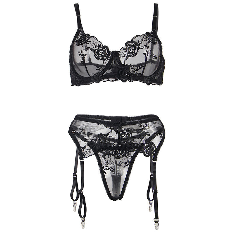 SUBBLIME - ENSEMBLE 3 PIÈCES SOUTIEN-GORGE + STRING + JARRETIÈRE IMPRIMÉ FLORAL NOIR