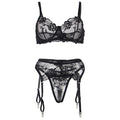 SUBBLIME - ENSEMBLE 3 PIÈCES SOUTIEN-GORGE + STRING + JARRETIÈRE IMPRIMÉ FLORAL NOIR