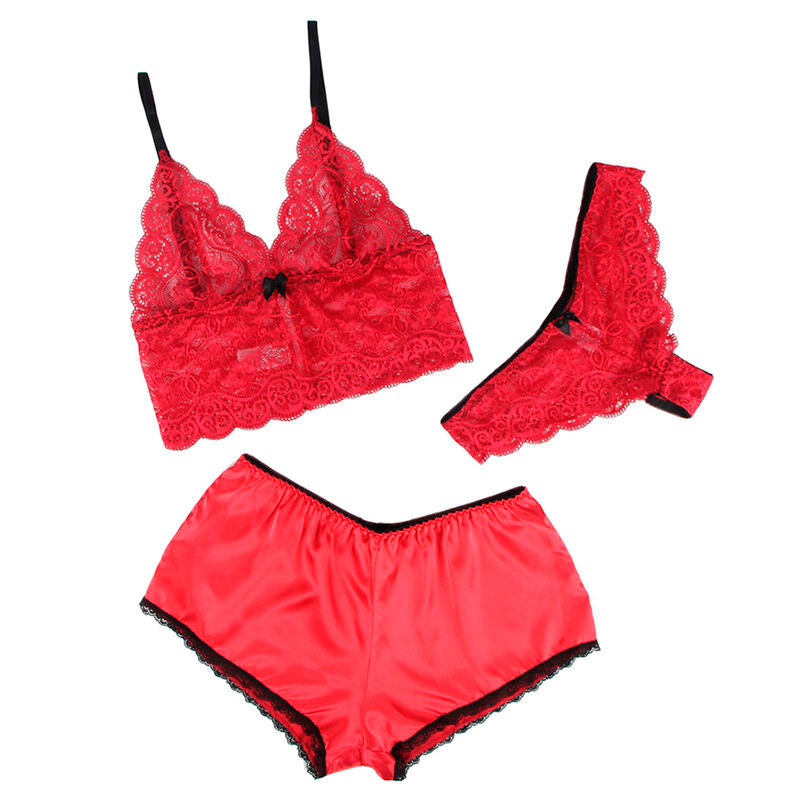 SUBBLIME - 953898 CHEMISIER DE NUIT EN SOIE ET DENTELLE + CULOTTE ROUGE