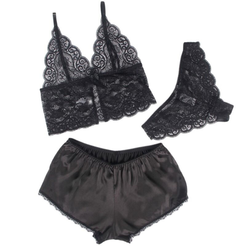 SUBBLIME - 953911 CHEMISIER DE NUIT EN SOIE ET DENTELLE + CULOTTE NOIRE