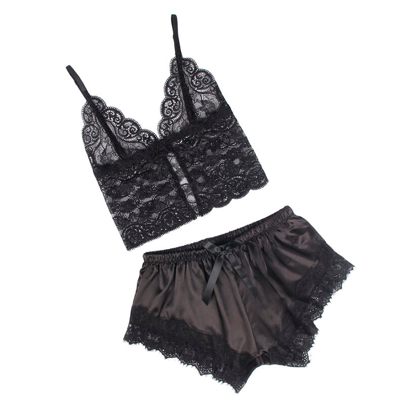 SUBBLIME - 953942 CHEMISE DE NUIT DÉCONTRACTÉE EN SOIE + PANTALON EN DENTELLE NOIR