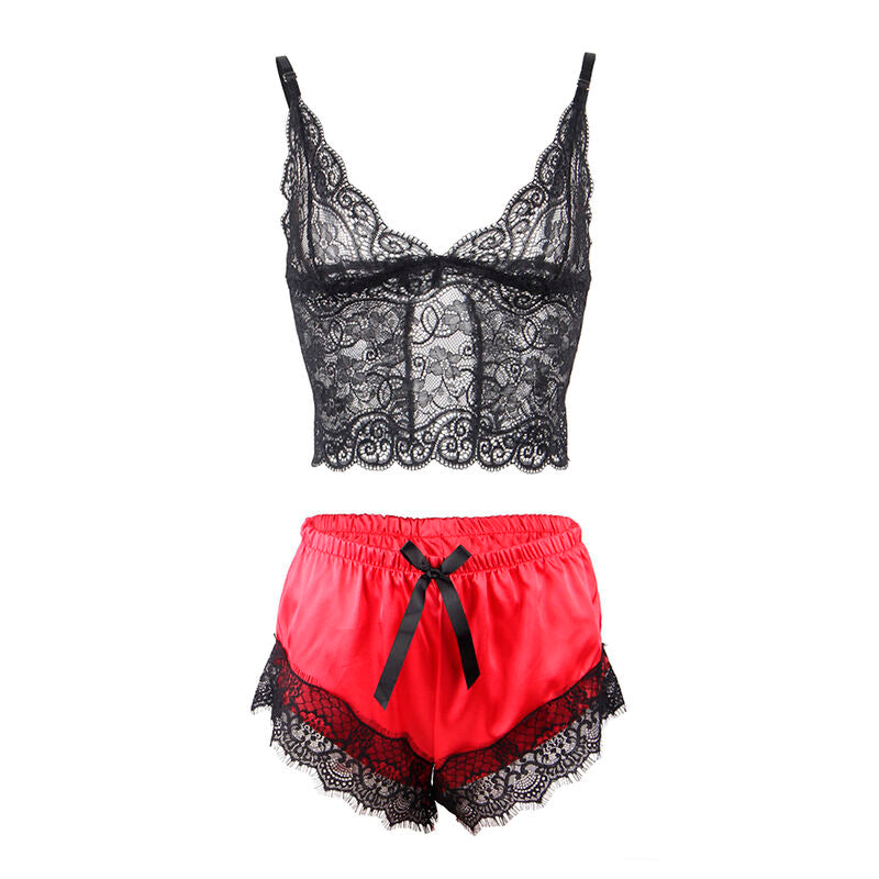 SUBBLIME - 953959 CHEMISE DE NUIT DÉCONTRACTÉE EN SOIE + PANTALON EN DENTELLE NOIR/ROUGE