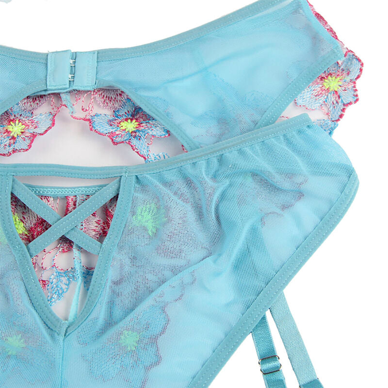 SUBBLIME - 954109 SOUTIEN-GORGE + CULOTTE AVEC PORTE-JARRETELLES MOTIF FLORAL BLEU