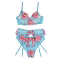 SUBBLIME - 954116 SOUTIEN-GORGE + CULOTTE AVEC PORTE-JARRETELLES MOTIF FLORAL BLEU