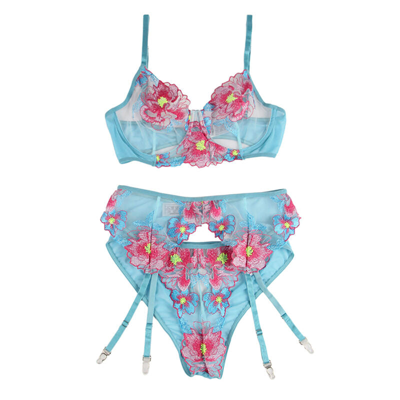 SUBBLIME - 954116 SOUTIEN-GORGE + CULOTTE AVEC PORTE-JARRETELLES MOTIF FLORAL BLEU