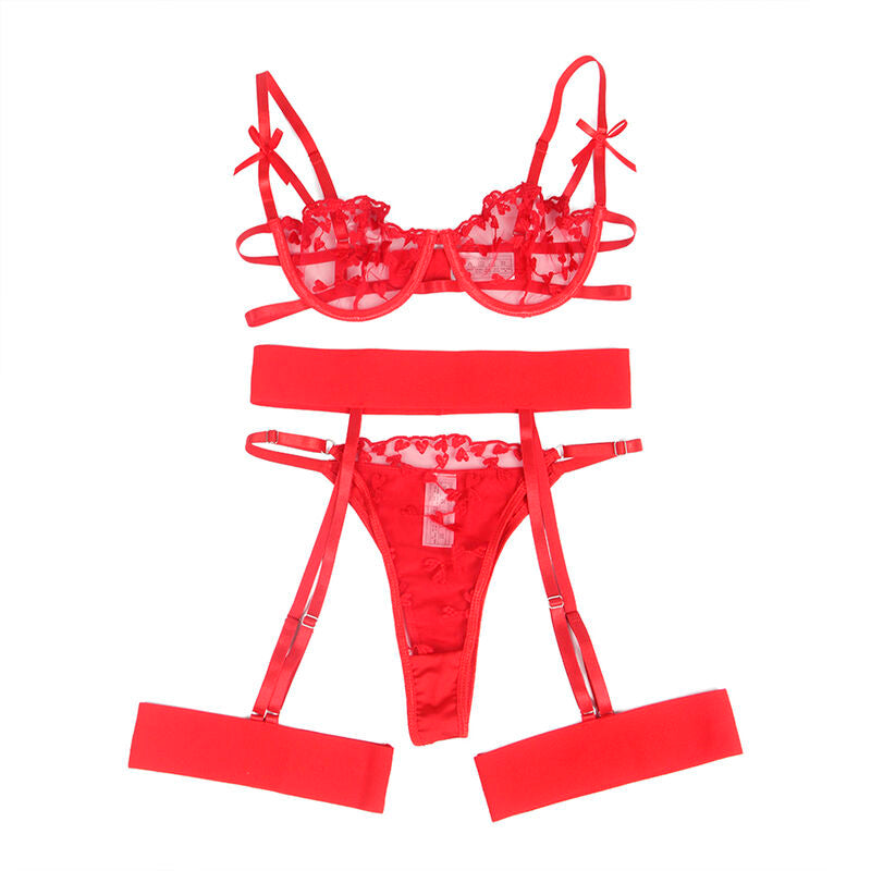 SUBBLIME - 954321 SOUTIEN-GORGE + STRING + PORTE-JARRETELLES IMPRIMÉ COEUR ROUGE
