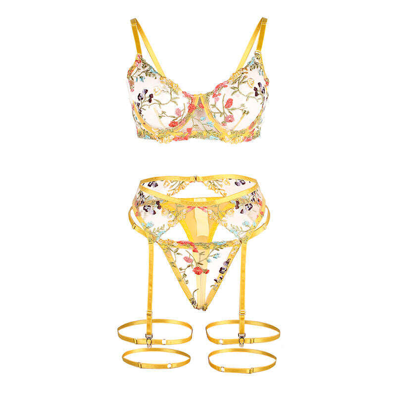 SUBBLIME - 954352 SOUTIEN-GORGE + STRING + PORTE-JARRETELLES MOTIF FLORAL JAUNE