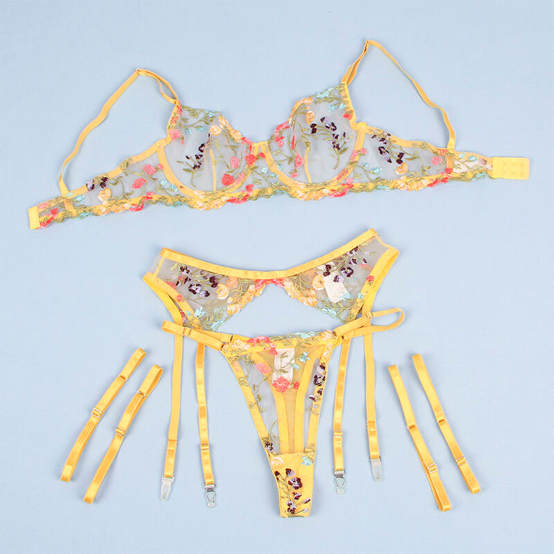 SUBBLIME - 954352 SOUTIEN-GORGE + STRING + PORTE-JARRETELLES MOTIF FLORAL JAUNE