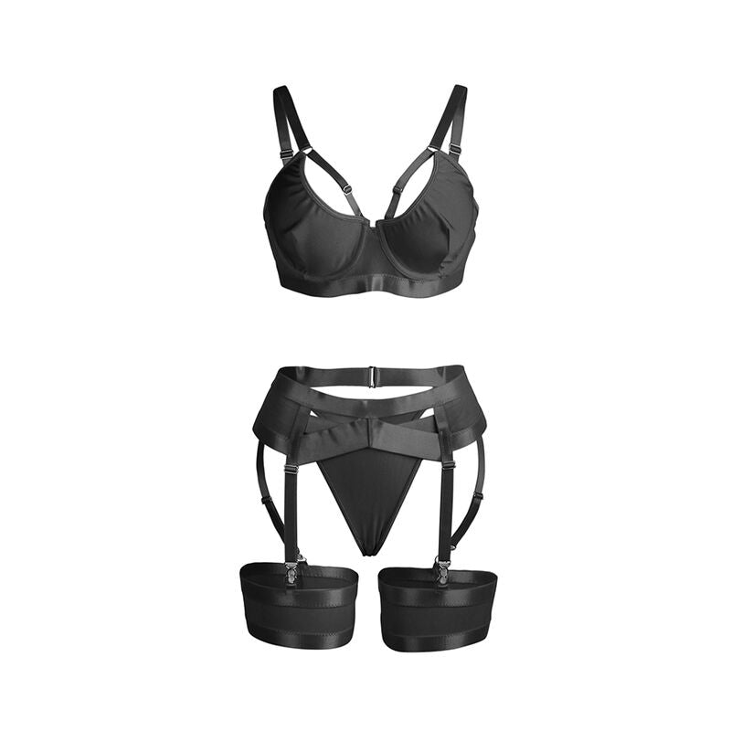 SUBBLIME - 955236 ENSEMBLE SOUTIEN-GORGE BONDAGE NOIR AVEC JARRETELLE
