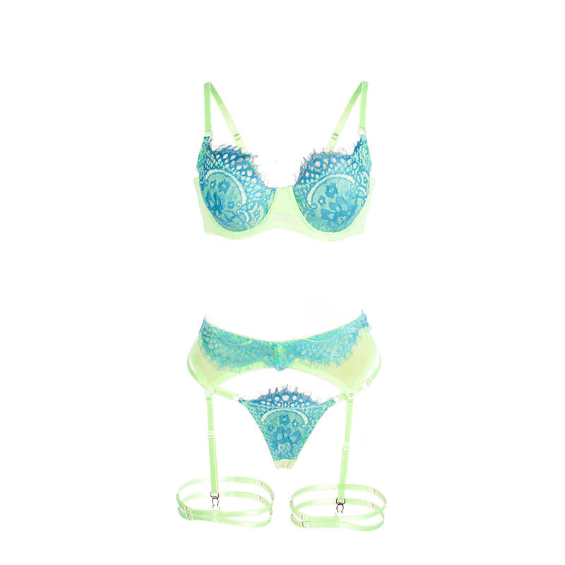 SUBBLIME - 955311 ENSEMBLE SOUTIEN-GORGE AVEC LIGNES DENTELLE ET JARRETELLE VERT ET BLEU