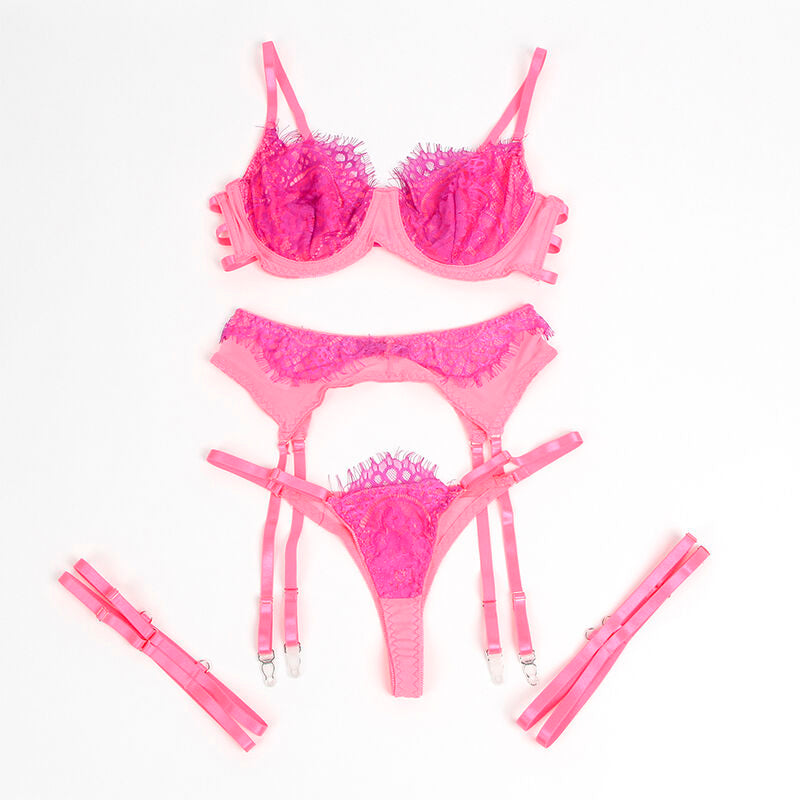 SUBBLIME - 955366 ENSEMBLE SOUTIEN-GORGE AVEC LIGNES DE DENTELLE ET JARRETELLES ROSE ET VIOLET
