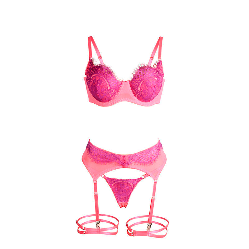 SUBBLIME - 955366 ENSEMBLE SOUTIEN-GORGE AVEC LIGNES DE DENTELLE ET JARRETELLES ROSE ET VIOLET