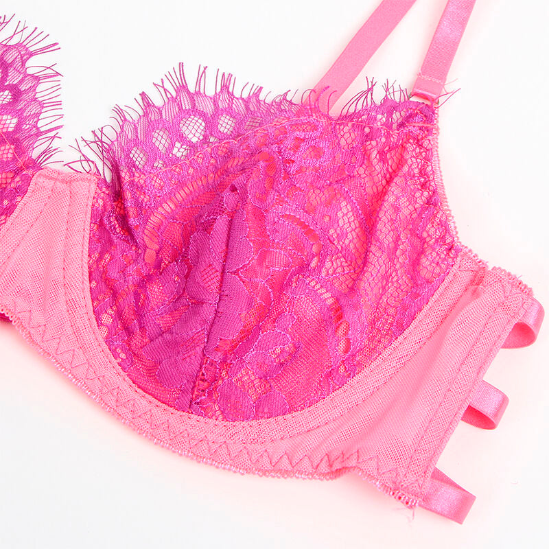 SUBBLIME - 955366 ENSEMBLE SOUTIEN-GORGE AVEC LIGNES DE DENTELLE ET JARRETELLES ROSE ET VIOLET