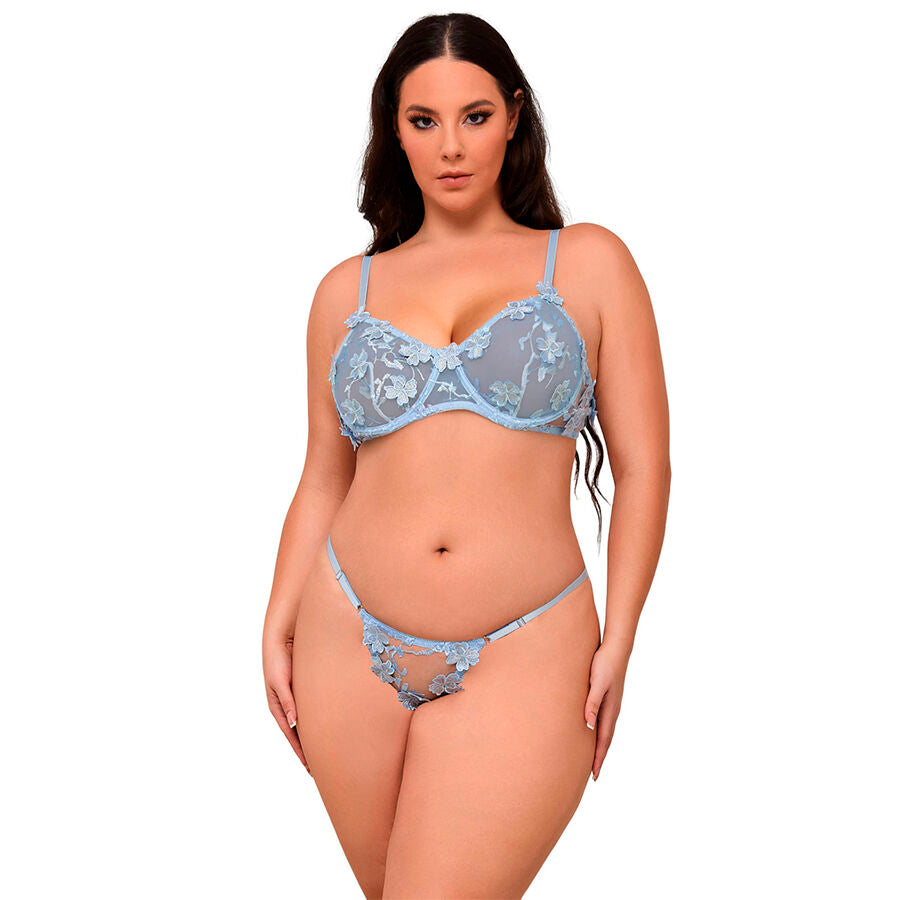 SUBBLIME - 957629 ENSEMBLE SOUTIEN-GORGE ET CULOTTE BRODÉS DE FLEURS BLEU CIEL