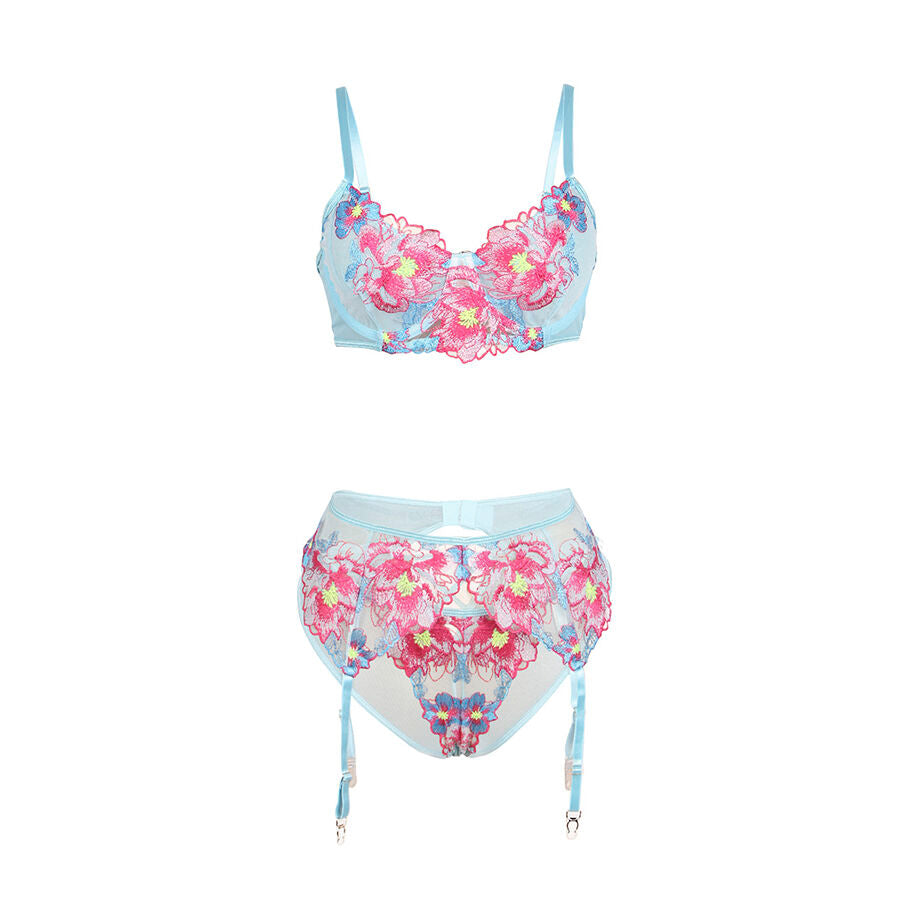 SUBBLIME - 957643 ENSEMBLE SOUTIEN-GORGE ET PORTE-JARRETELLES BRODÉ FLEURS ROSE